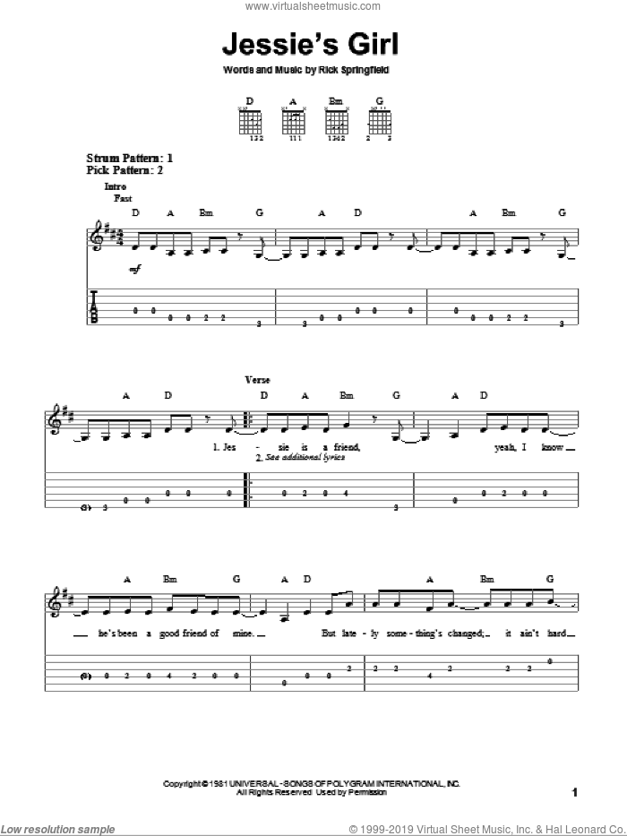 Jessie's Girl sheet music for guitar solo (easy tablature) by Rick Springfield, easy guitar (easy tablature)