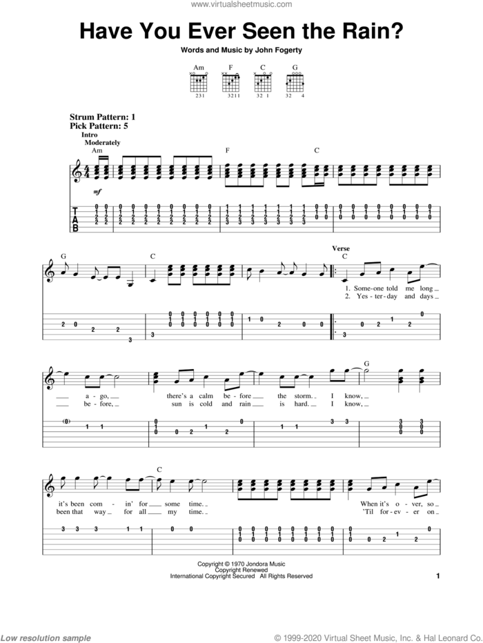 Have You Ever Seen The Rain? sheet music for guitar solo (easy tablature) by Creedence Clearwater Revival and John Fogerty, easy guitar (easy tablature)