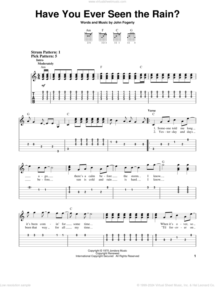 Have You Ever Seen The Rain? sheet music for guitar solo (easy tablature) by Creedence Clearwater Revival and John Fogerty, easy guitar (easy tablature)