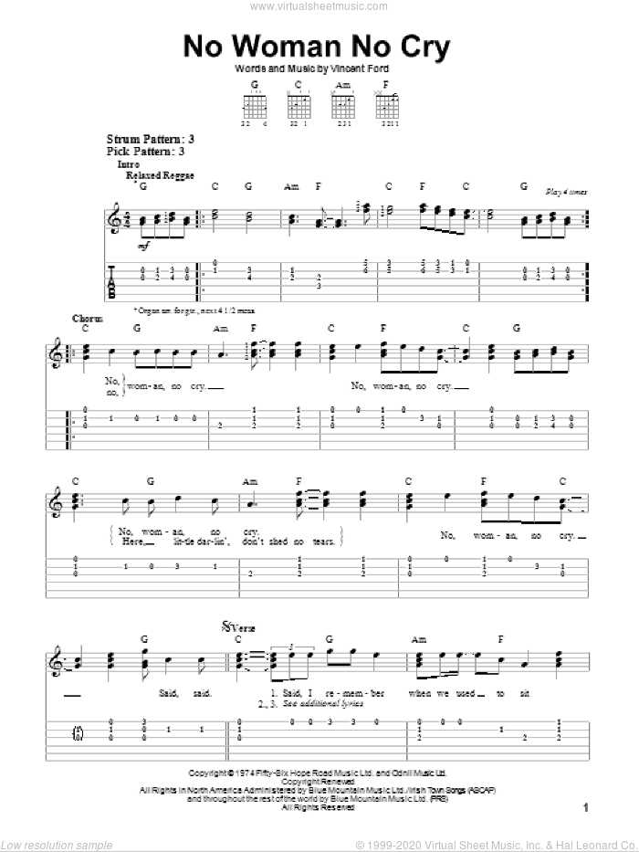 No Woman No Cry, (easy) sheet music for guitar solo (easy tablature) by Bob Marley and Vincent Ford, easy guitar (easy tablature)