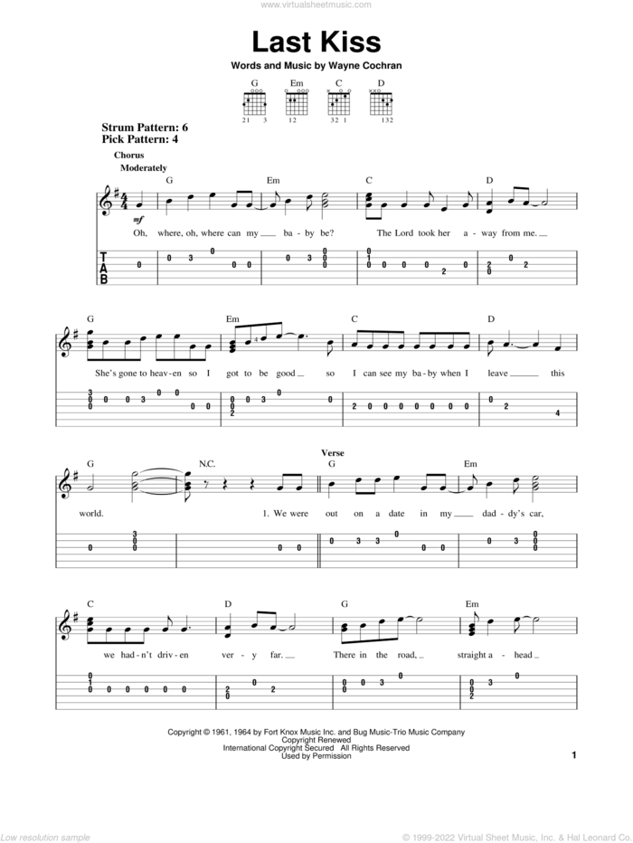 Last Kiss sheet music for guitar solo (easy tablature) by J. Frank Wilson, Pearl Jam and Wayne Cochran, easy guitar (easy tablature)