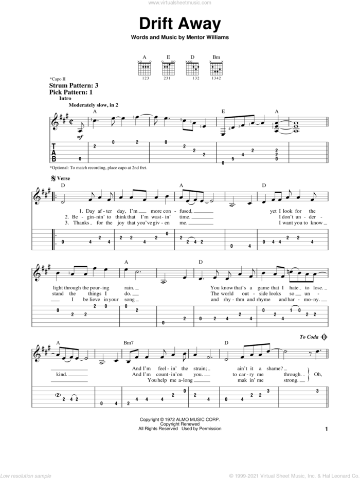 Drift Away sheet music for guitar solo (easy tablature) by Dobie Gray and Mentor Williams, easy guitar (easy tablature)