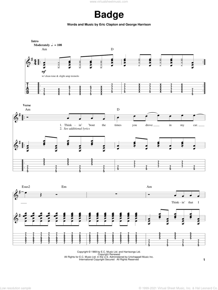 Badge sheet music for guitar (tablature, play-along) by Cream, Eric Clapton and George Harrison, intermediate skill level