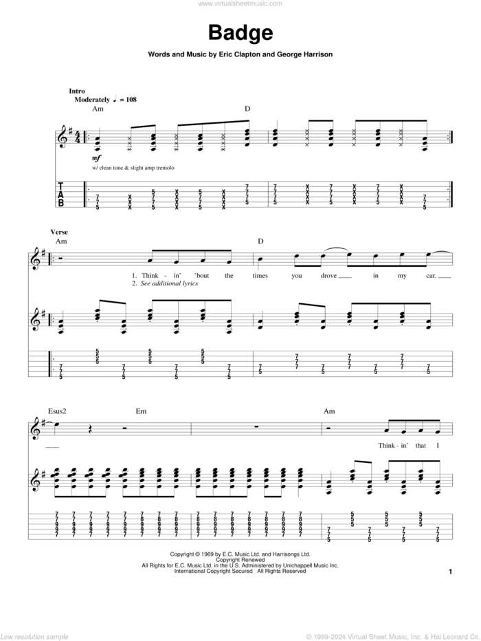 Badge sheet music for guitar (tablature, play-along) by Cream, Eric Clapton and George Harrison, intermediate skill level