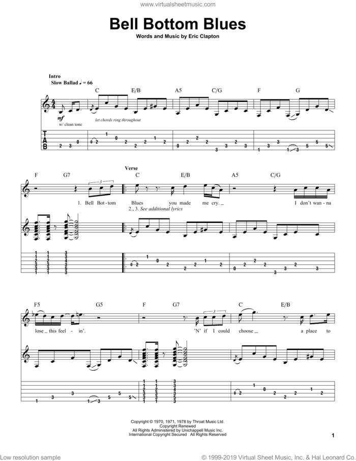 Bell Bottom Blues sheet music for guitar (tablature, play-along) by Derek And The Dominos and Eric Clapton, intermediate skill level