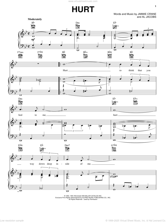 Hurt sheet music for voice, piano or guitar by Elvis Presley, Al Jacobs and Jimmie Crane, intermediate skill level