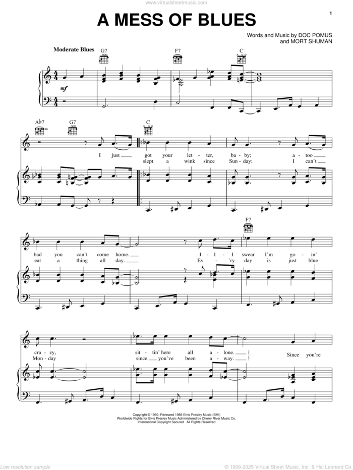 A Mess Of Blues sheet music for voice, piano or guitar by Elvis Presley, Doc Pomus, Jerome Pomus and Mort Shuman, intermediate skill level