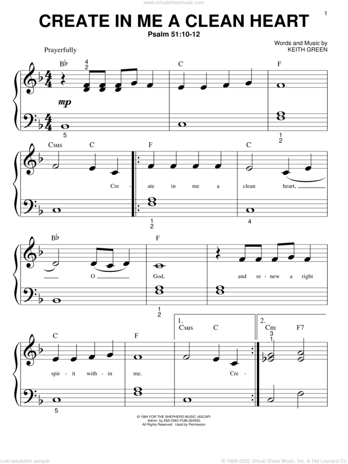 Create In Me A Clean Heart sheet music for piano solo (big note book) by Keith Green, easy piano (big note book)