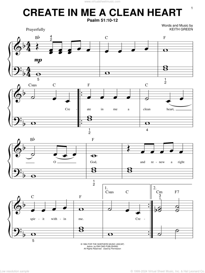 Create In Me A Clean Heart sheet music for piano solo (big note book) by Keith Green, easy piano (big note book)