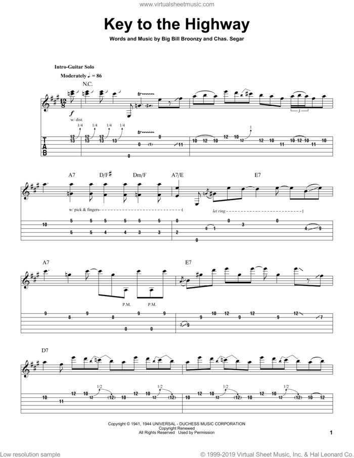 Key To The Highway sheet music for guitar (tablature, play-along) by Eric Clapton, Big Bill Broonzy and Charles Segar, intermediate skill level
