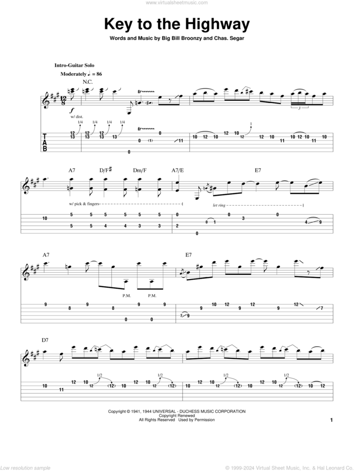 Key To The Highway sheet music for guitar (tablature, play-along) by Big Bill Broonzy, Derek And The Dominos, Eric Clapton and Charles Segar, intermediate skill level