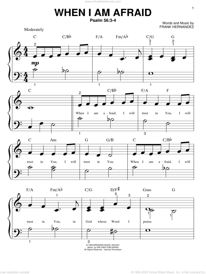 When I Am Afraid sheet music for piano solo (big note book) by Frank Hernandez, easy piano (big note book)