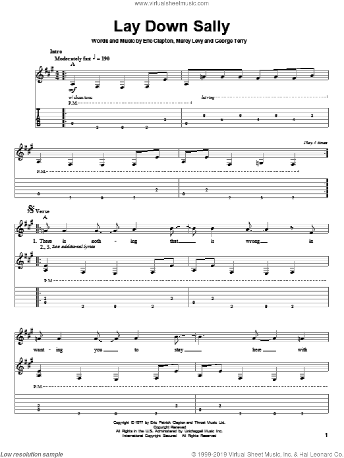 Lay Down Sally sheet music for guitar (tablature, play-along) by Eric Clapton, George Terry and Marcy Levy, intermediate skill level