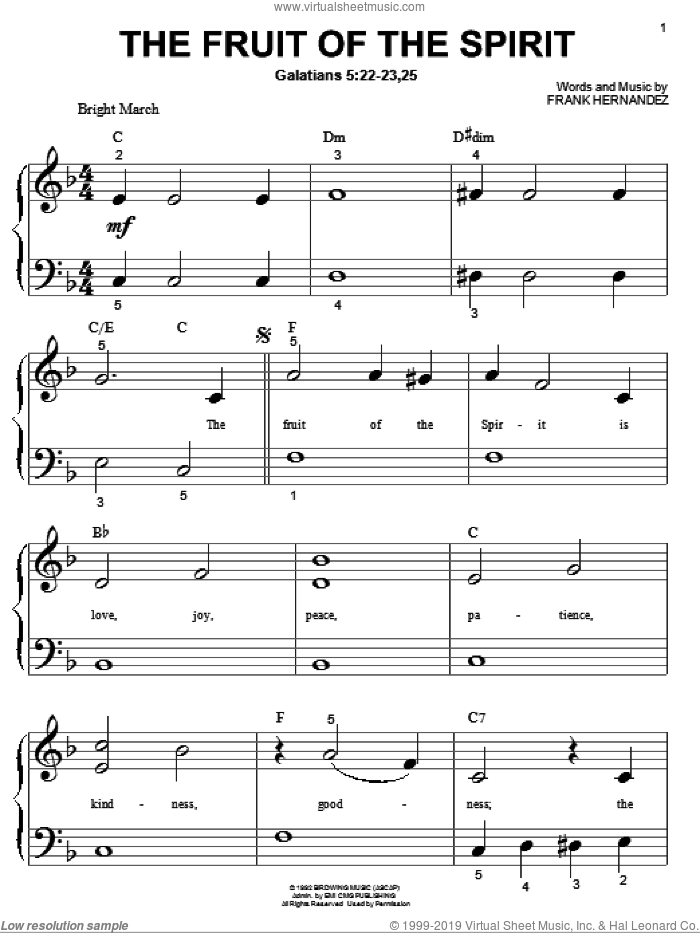 The Fruit Of The Spirit sheet music for piano solo (big note book) by Frank Hernandez, easy piano (big note book)