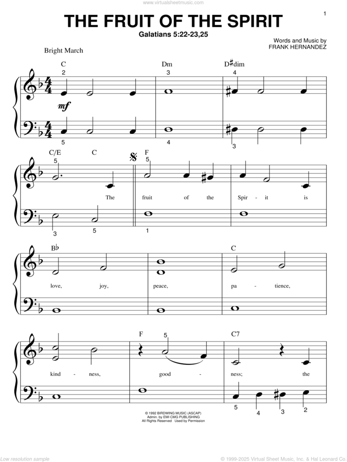 The Fruit Of The Spirit sheet music for piano solo (big note book) by Frank Hernandez, easy piano (big note book)
