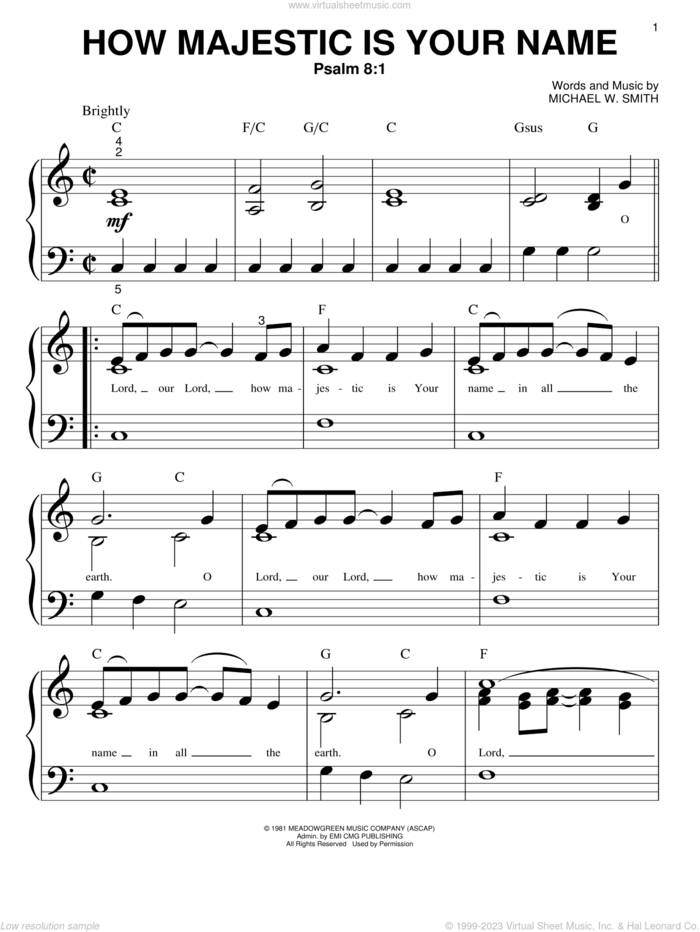 How Majestic Is Your Name sheet music for piano solo (big note book) by Michael W. Smith and Sandi Patty, easy piano (big note book)