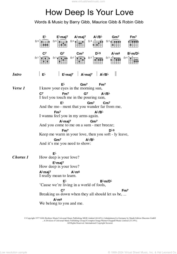 How Deep Is Your Love sheet music for guitar (chords) by Take That, Bee Gees, Barry Gibb, Maurice Gibb and Robin Gibb, intermediate skill level