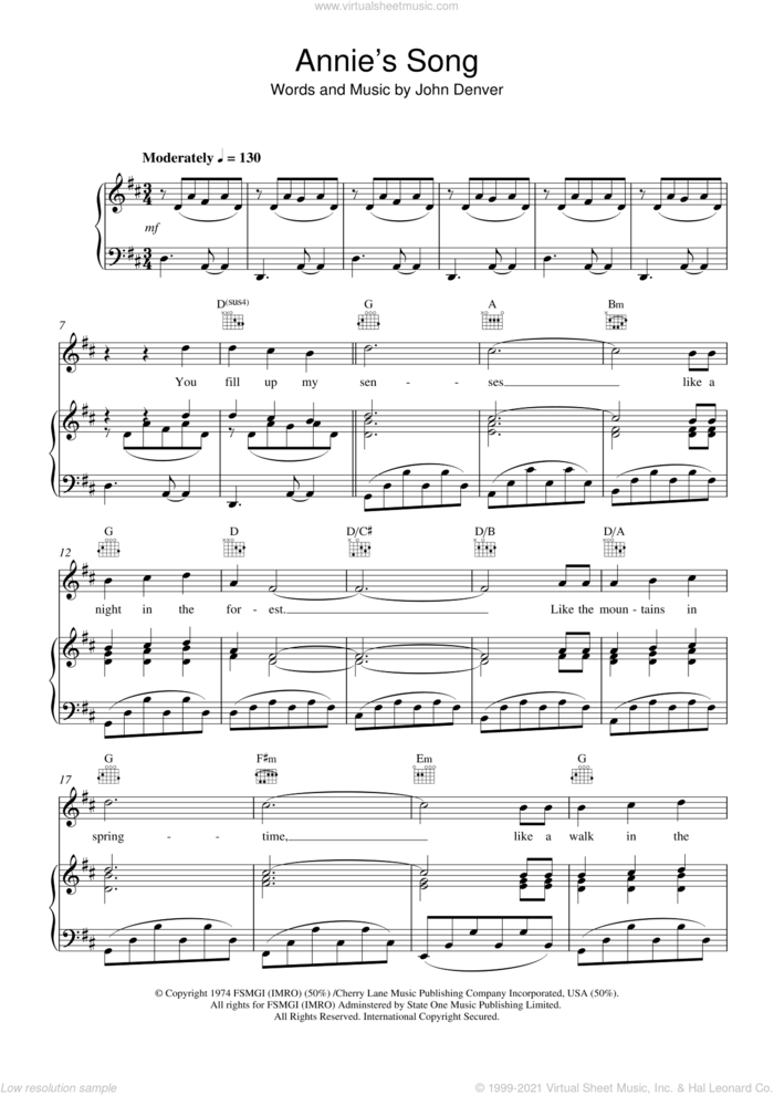 Annie's Song sheet music for voice, piano or guitar by John Denver, intermediate skill level