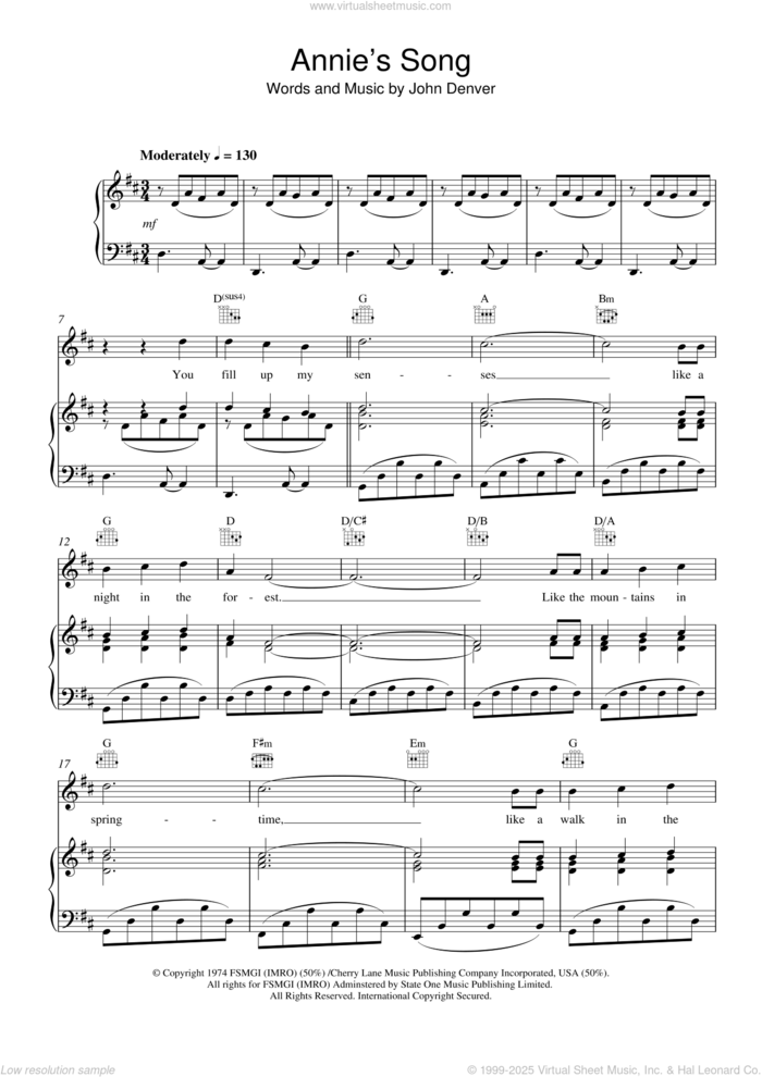 Annie's Song sheet music for voice, piano or guitar by John Denver, intermediate skill level