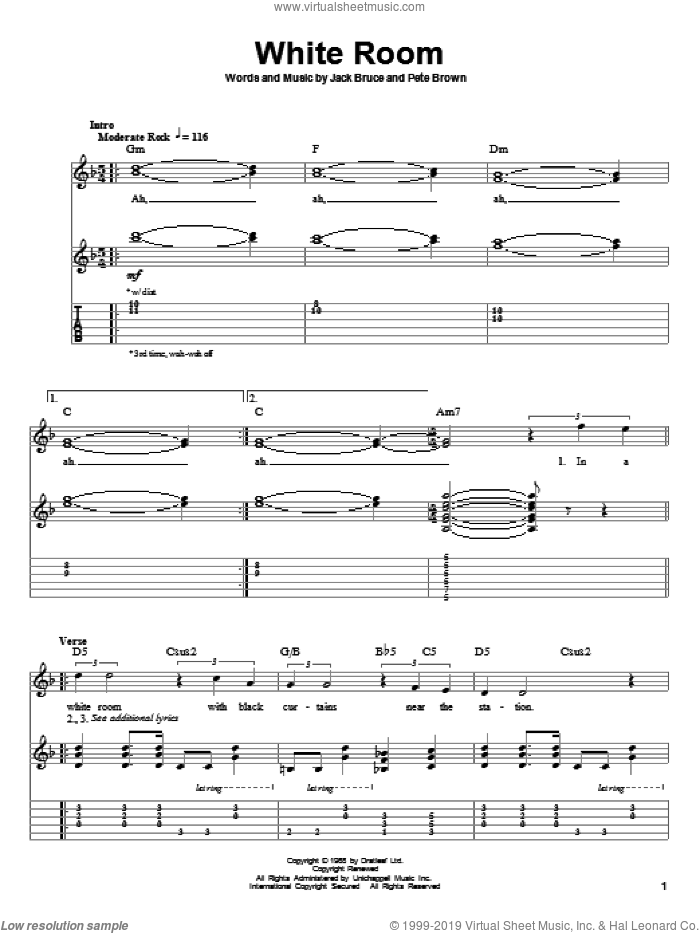 White Room sheet music for guitar (tablature, play-along) by Cream, Eric Clapton, Jack Bruce and Pete Brown, intermediate skill level