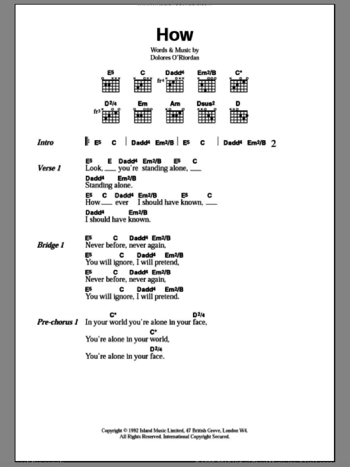 How sheet music for guitar (chords) by The Cranberries, intermediate skill level