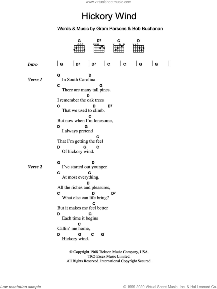 Hickory Wind sheet music for guitar (chords) by Gram Parsons and Bob Buchanan, intermediate skill level