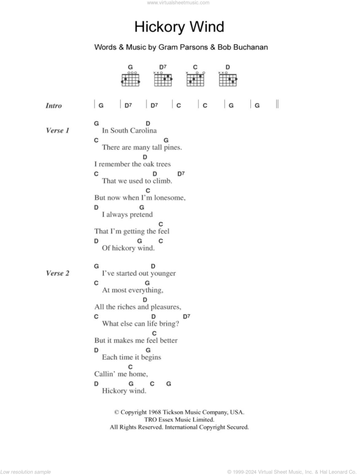 Hickory Wind sheet music for guitar (chords) by Gram Parsons and Bob Buchanan, intermediate skill level