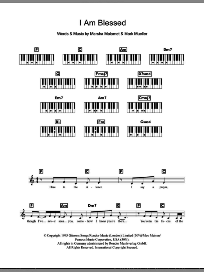 I Am Blessed sheet music for piano solo (chords, lyrics, melody) by Eternal, Mark Mueller and Marsha Malamet, intermediate piano (chords, lyrics, melody)