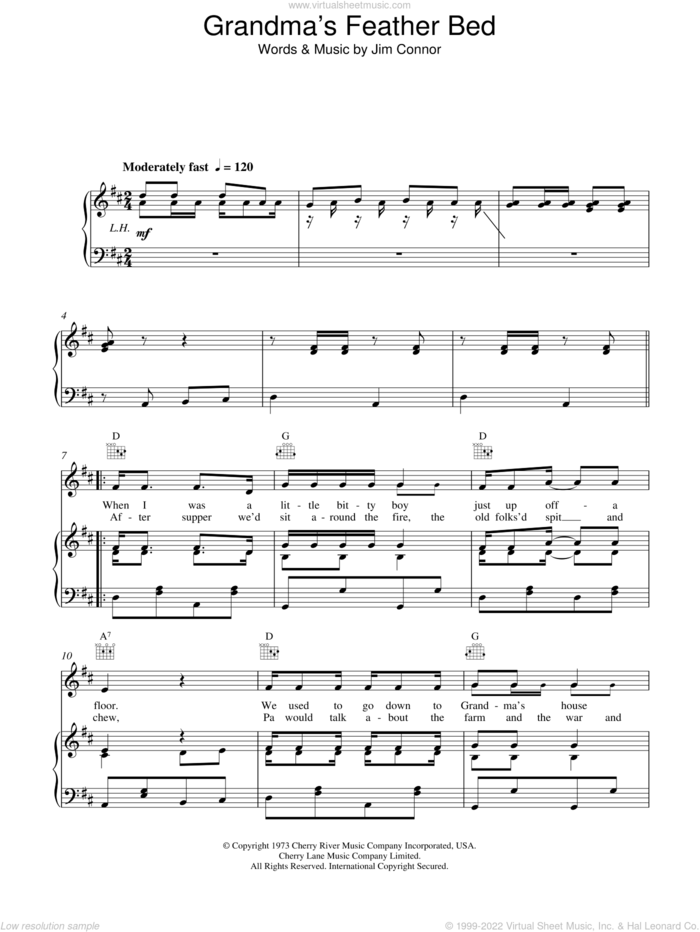 Grandma's Feather Bed sheet music for voice, piano or guitar by John Denver and Jim Connor, intermediate skill level