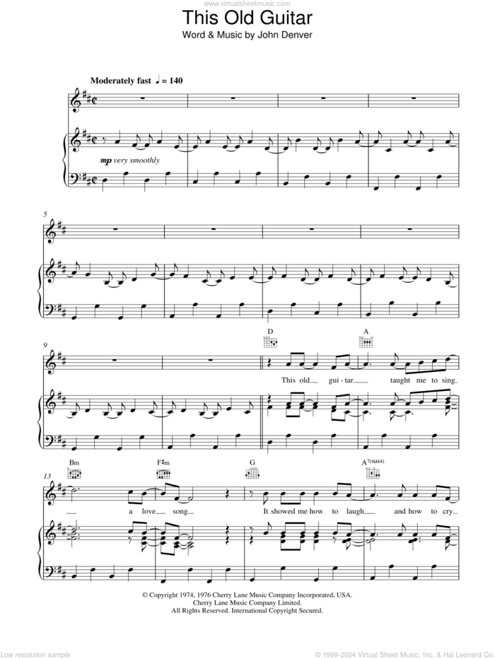 This Old Guitar sheet music for voice, piano or guitar by John Denver, intermediate skill level