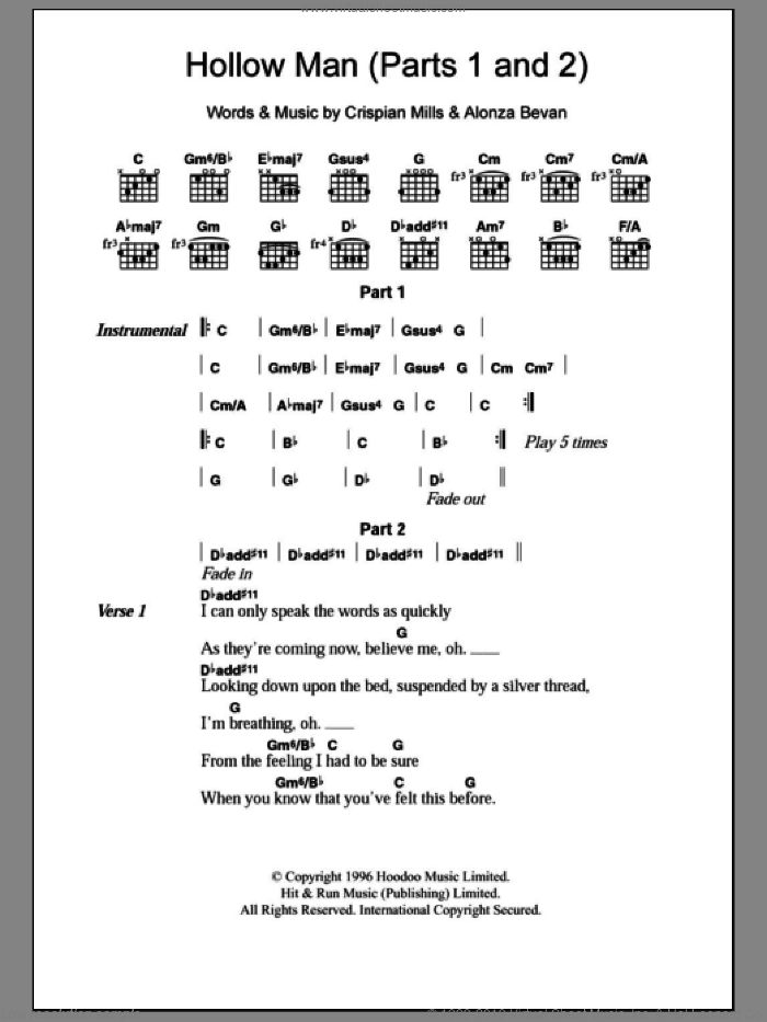 Hollow Man (Parts 1 and 2) sheet music for guitar (chords) by Kula Shaker, Alonza Bevan and Crispian Mills, intermediate skill level