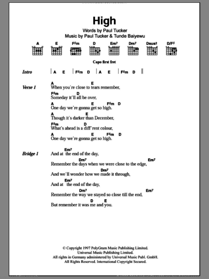 High sheet music for guitar (chords) by Lighthouse Family, Paul Tucker and Tunde Baiyewu, intermediate skill level