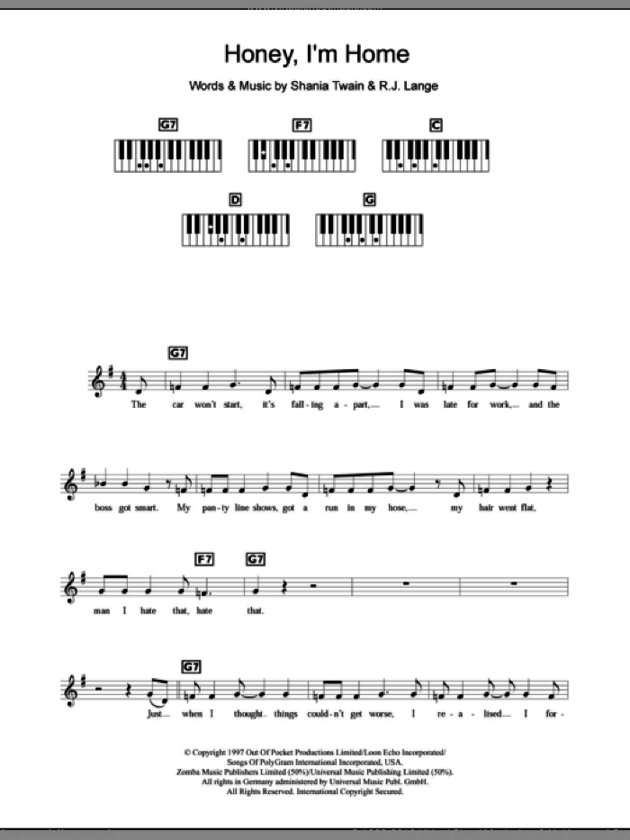 Honey, I'm Home sheet music for piano solo (chords, lyrics, melody) by Shania Twain and Robert John Lange, intermediate piano (chords, lyrics, melody)