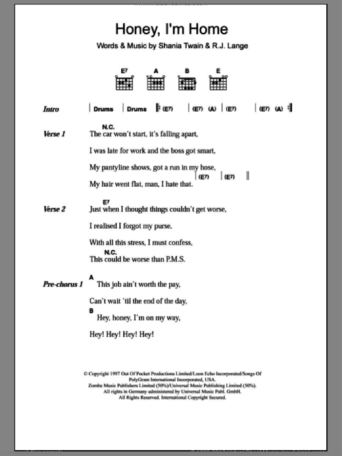 Honey, I'm Home sheet music for guitar (chords) by Shania Twain and Robert John Lange, intermediate skill level