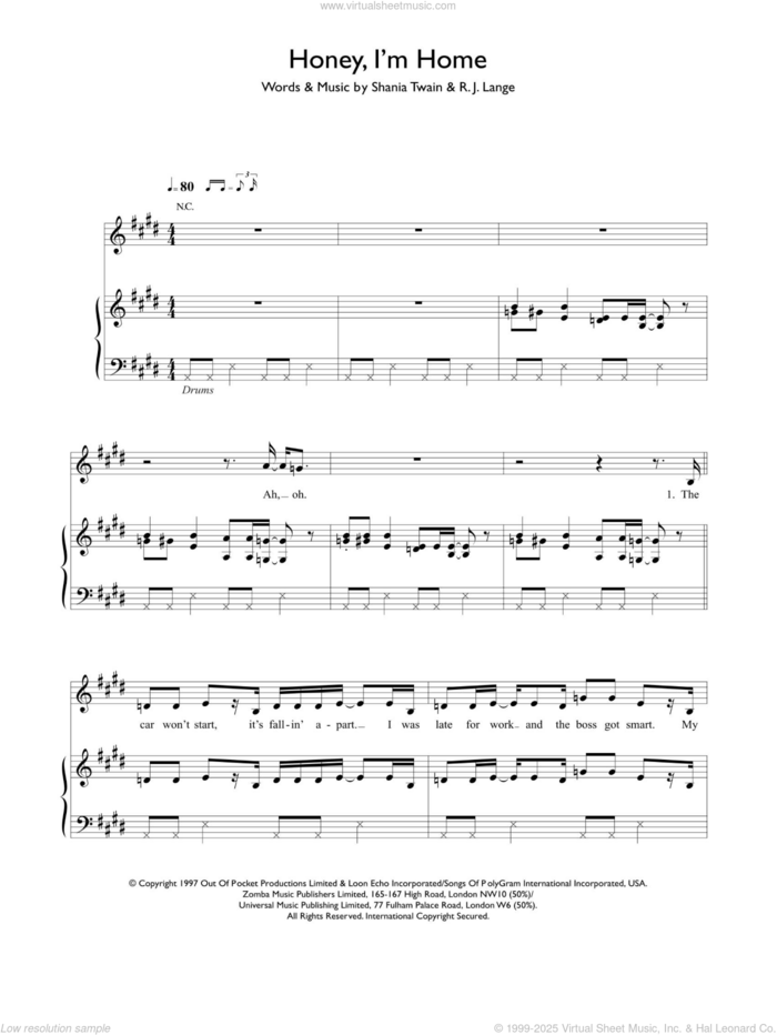 Honey, I'm Home sheet music for voice, piano or guitar by Shania Twain and Robert John Lange, intermediate skill level