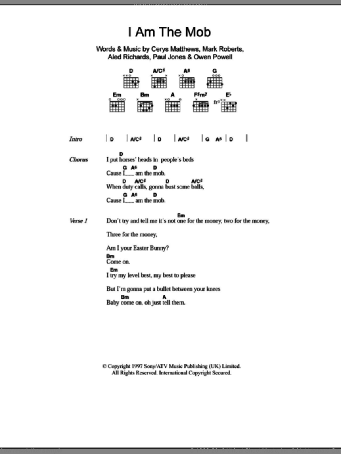I Am The Mob sheet music for guitar (chords) by Catatonia, Aled Richards, Cerys Matthews, Mark Roberts, Owen Powell and Paul Jones, intermediate skill level