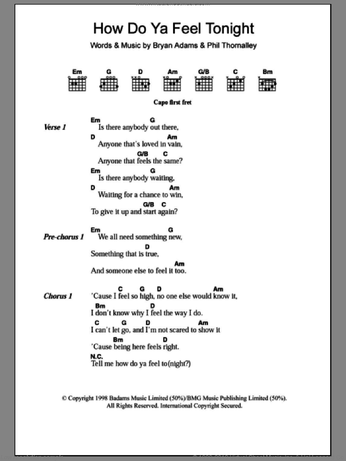 How Do Ya Feel Tonight sheet music for guitar (chords) by Bryan Adams and Phil Thornalley, intermediate skill level