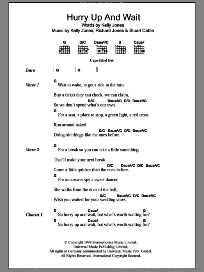 Hurry Up And Wait sheet music for guitar (chords) by Stereophonics, Kelly Jones, Richard Jones and Stuart Cable, intermediate skill level