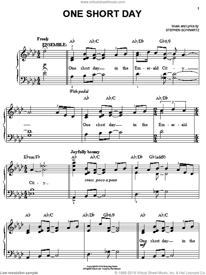 One Short Day (from Wicked) sheet music for piano solo by Stephen Schwartz and Wicked (Musical), easy skill level