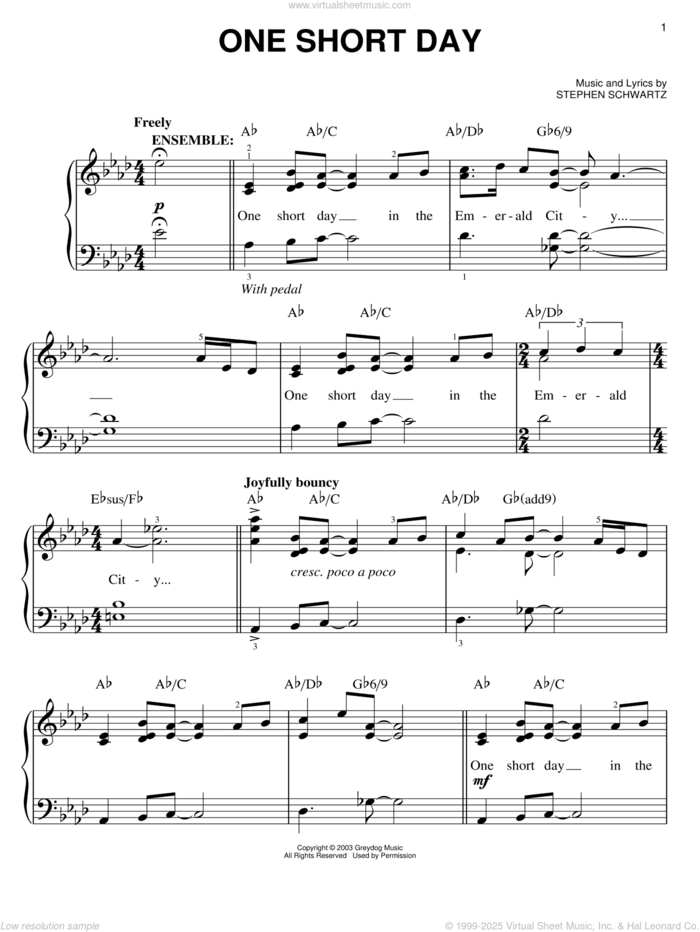 One Short Day (from Wicked) sheet music for piano solo by Stephen Schwartz and Wicked (Musical), easy skill level