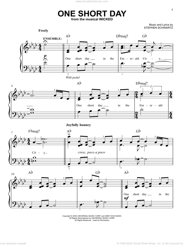 One Short Day (from Wicked), (easy) sheet music for piano solo by Stephen Schwartz and Wicked (Musical), easy skill level