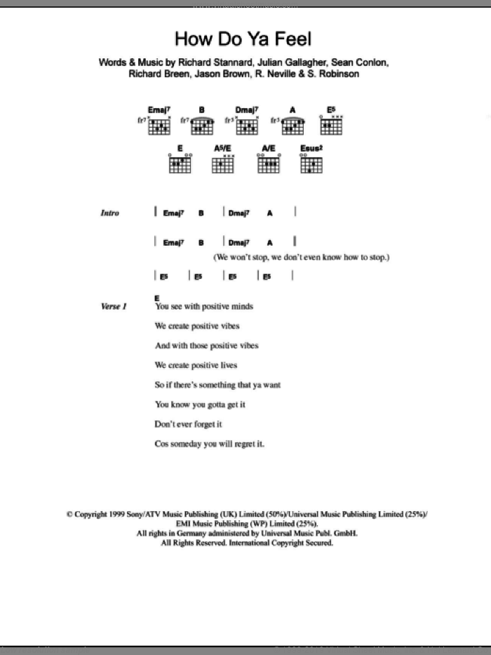 How Do Ya Feel sheet music for guitar (chords) by Sylvia Robinson, Ben Folds Five, Jason Brown, Julian Gallagher, R. Neville, Richard Breen, Richard Stannard and Sean Conlon, intermediate skill level