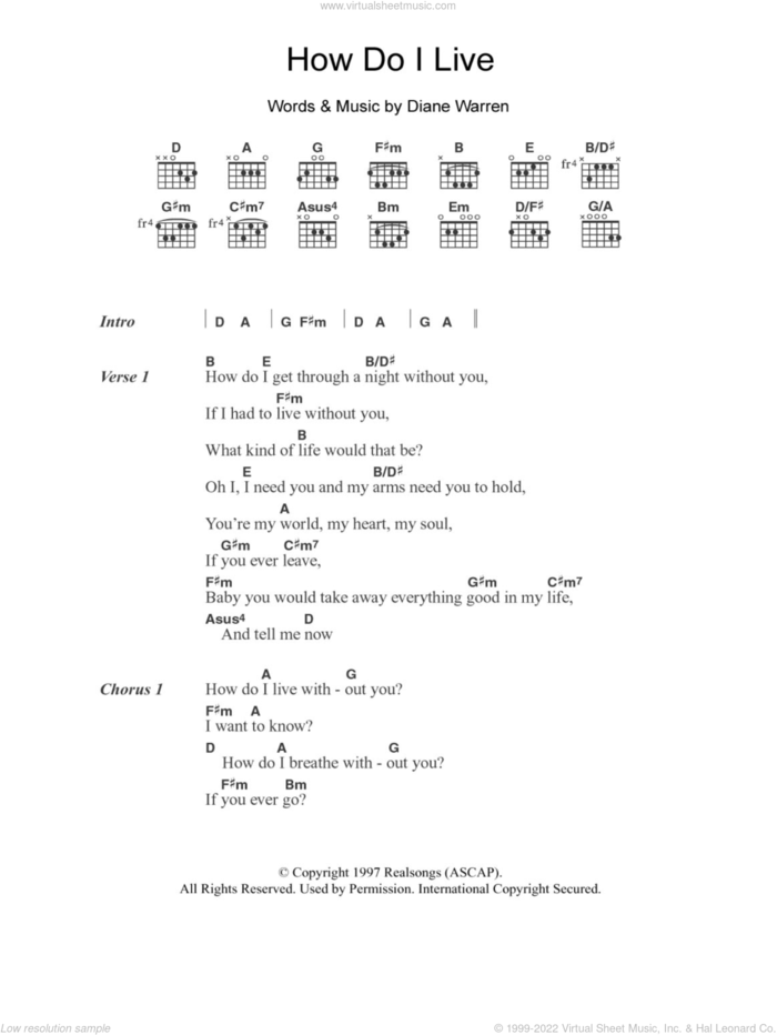 How Do I Live sheet music for guitar (chords) by LeAnn Rimes and Diane Warren, intermediate skill level