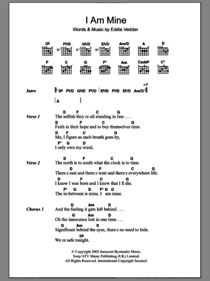 I Am Mine sheet music for guitar (chords) by Pearl Jam and Eddie Vedder, intermediate skill level