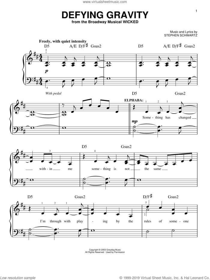 Defying Gravity (from Wicked), (easy) sheet music for piano solo by Stephen Schwartz, Miscellaneous and Wicked (Musical), easy skill level