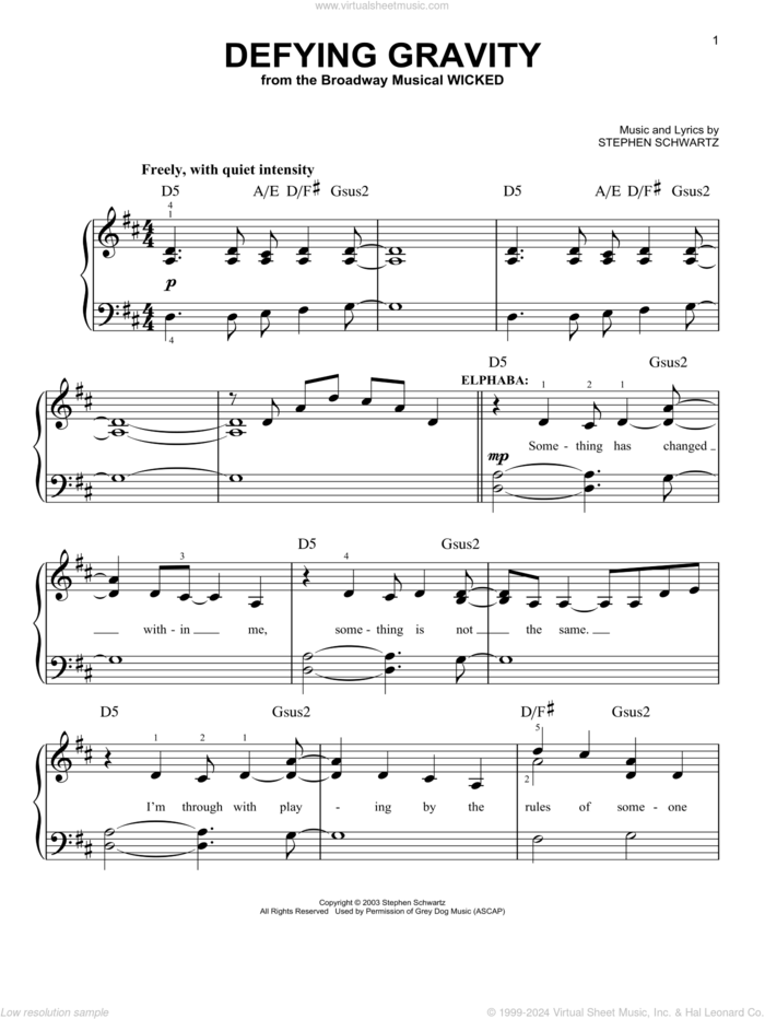 Defying Gravity (from Wicked), (easy) sheet music for piano solo by Stephen Schwartz, Miscellaneous and Wicked (Musical), easy skill level