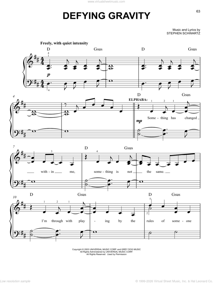 Defying Gravity (from Wicked), (easy) sheet music for piano solo by Stephen Schwartz, Miscellaneous and Wicked (Musical), easy skill level