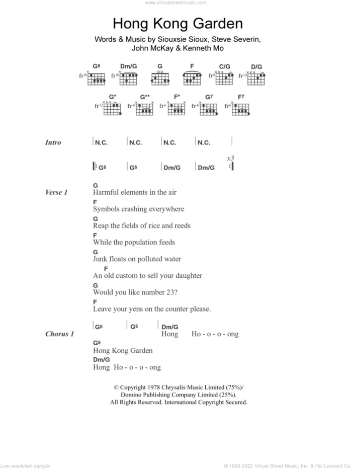 Hong Kong Garden sheet music for guitar (chords) by Siouxsie & The Banshees, John McKay, Kenneth Morris, Siouxsie Sioux and Steve Severin, intermediate skill level