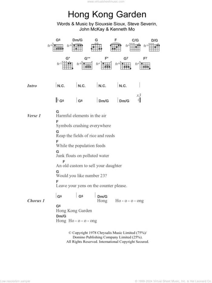 Hong Kong Garden sheet music for guitar (chords) by Siouxsie & The Banshees, John McKay, Kenneth Morris, Siouxsie Sioux and Steve Severin, intermediate skill level