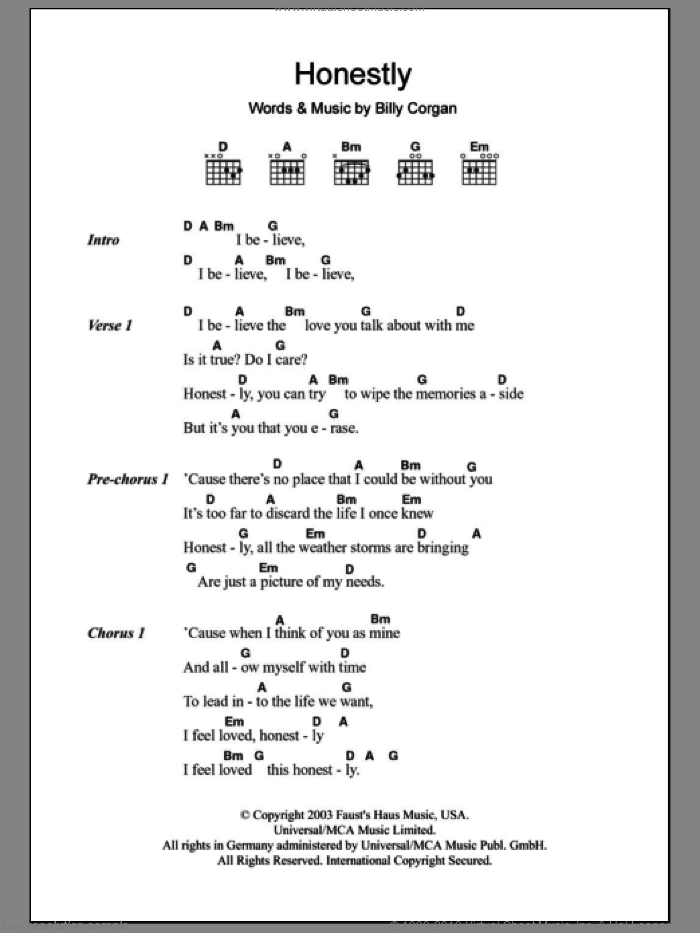 Honestly sheet music for guitar (chords) by Zwan and Billy Corgan, intermediate skill level